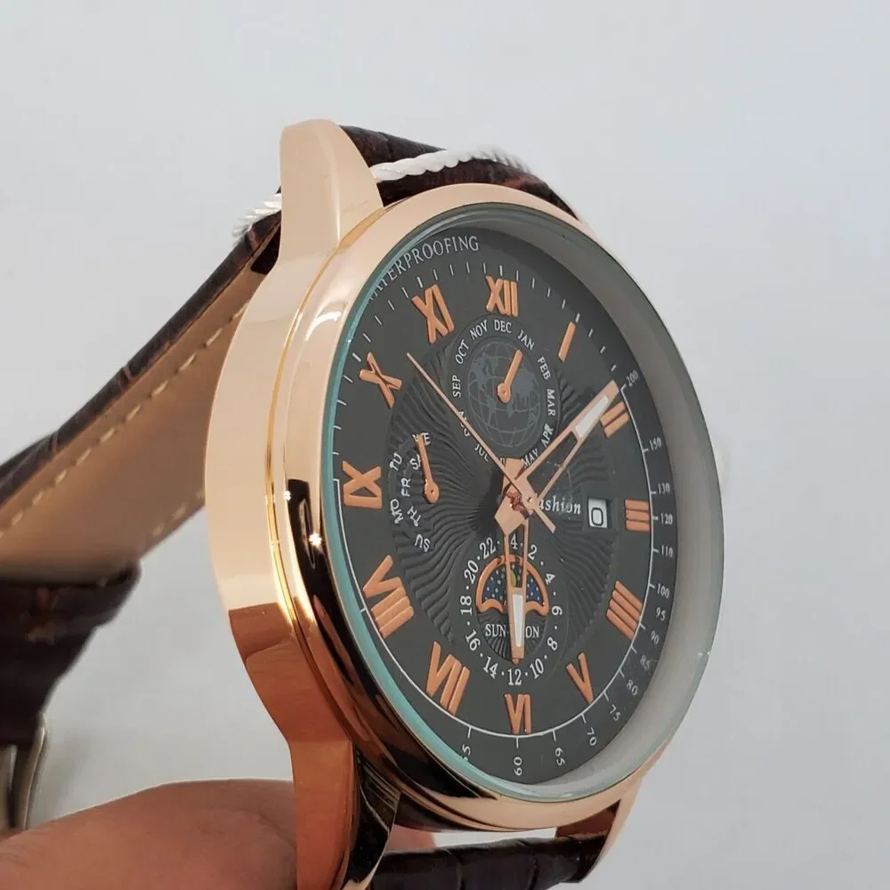 40MM Men's Watch Gold Case Black‎ Dial Brown Leather Bands Roman Numerals Date